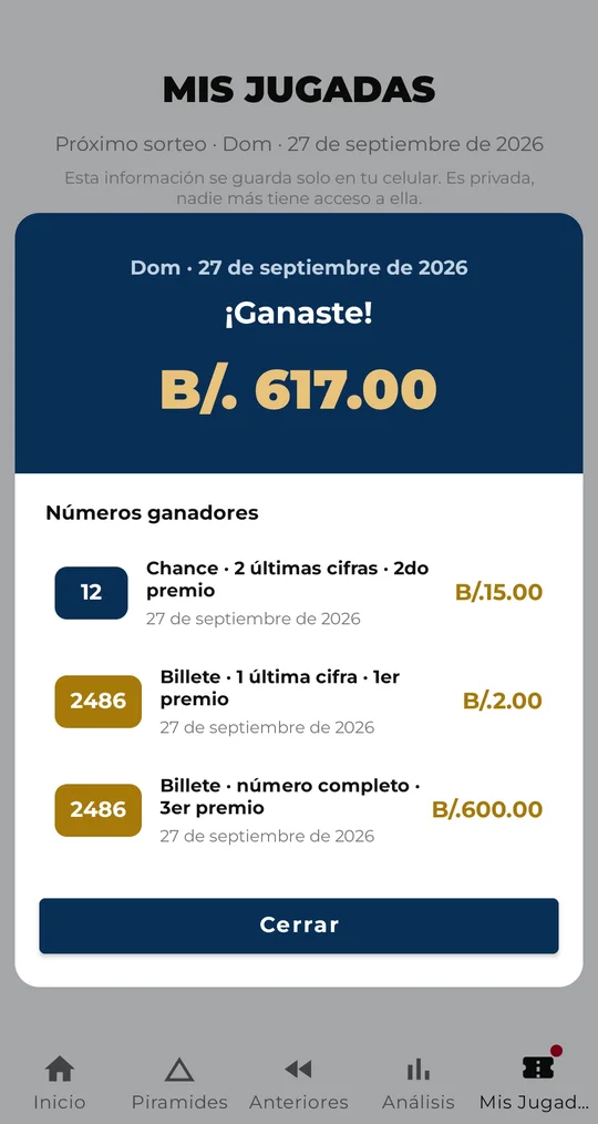 Mis jugadas avisando que el billete 2486 y el chance 12 ganaron B/. 617.00