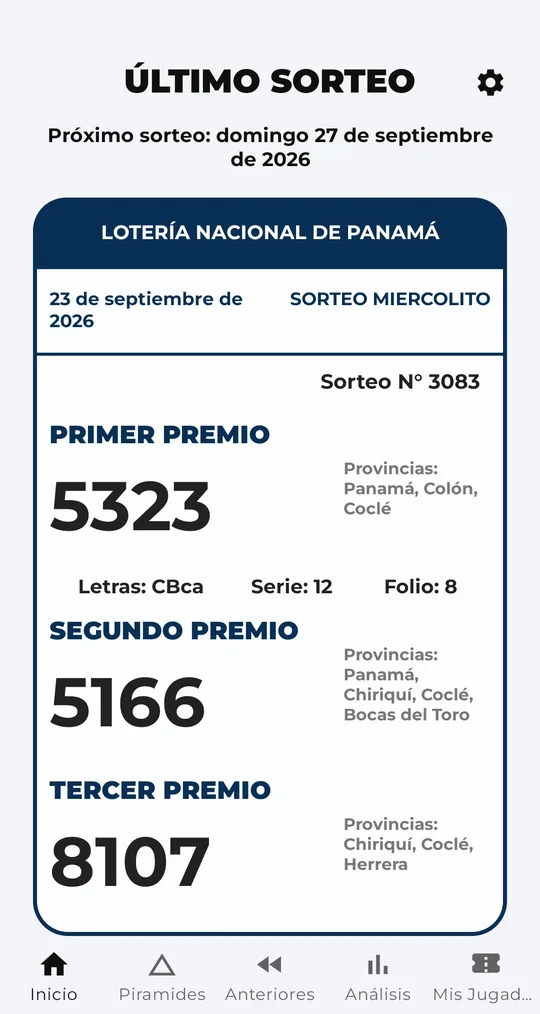 Pantalla de la app con el último sorteo de la Lotería Nacional: primer premio 5323, segundo 5166 y tercero 8107